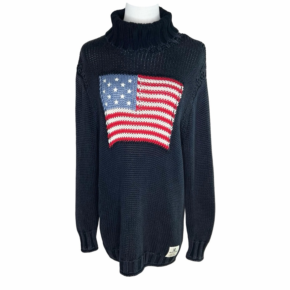 Denimist American Flag Turtleneck Sweater Size Medium Navy Oversized Patriotic - Picture 2 of 9